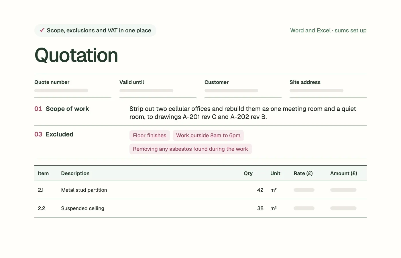 The construction quote template: the heading block, the scope of work, three exclusions and the start of the price table