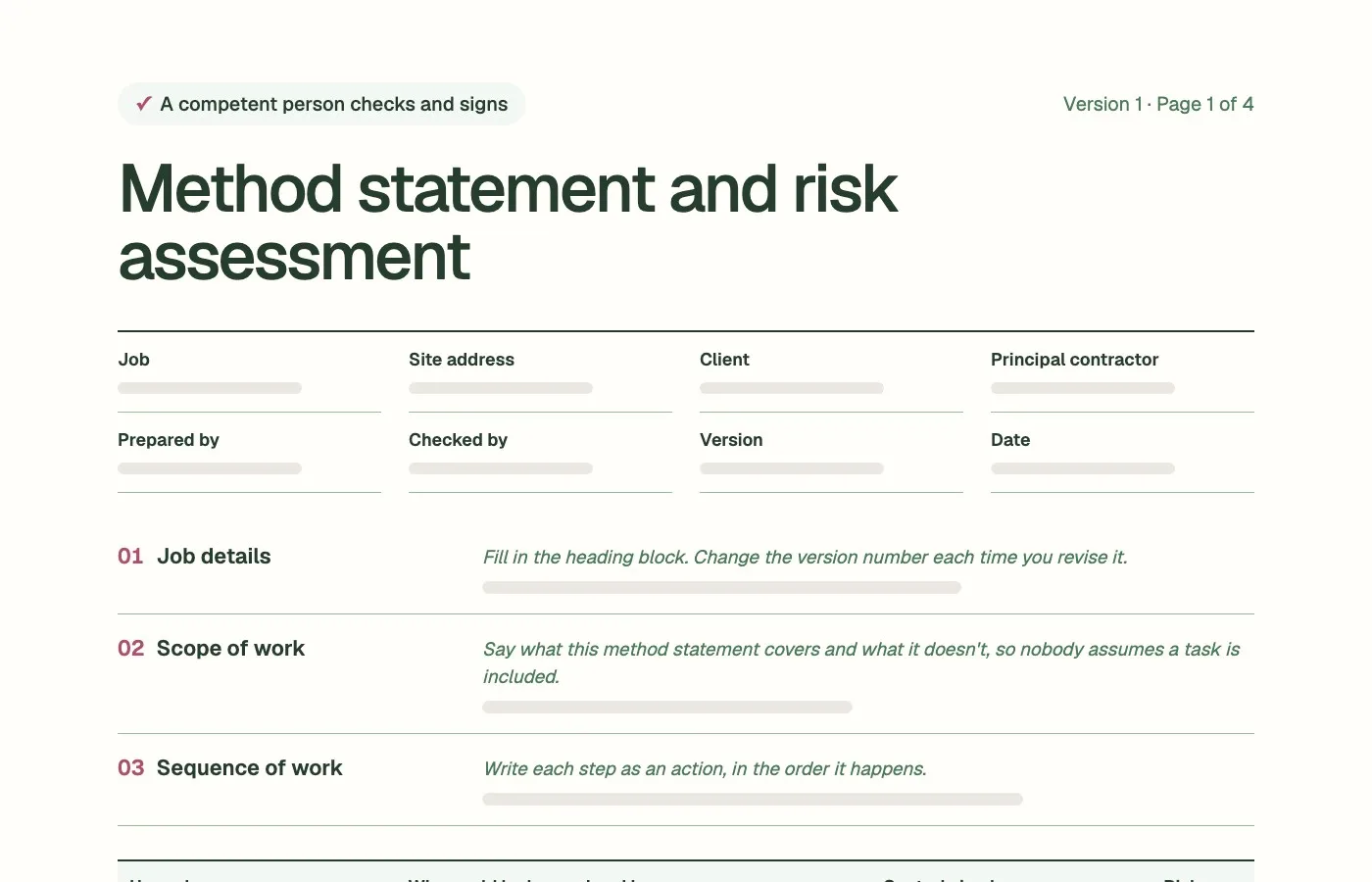 The first page of the method statement template: the heading block, the first three sections and the start of the risk assessment table