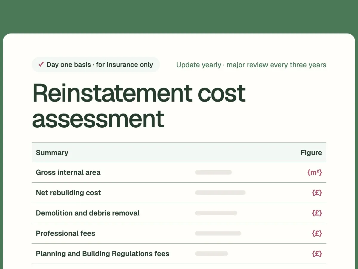 A reinstatement cost assessment summary with rebuilding, demolition and fees