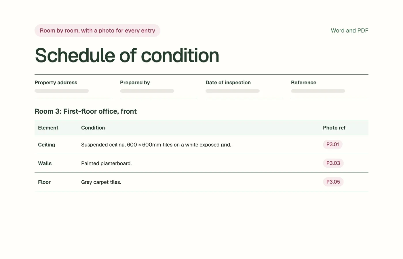 The schedule of condition template: the heading block and one room recorded element by element, with photo references