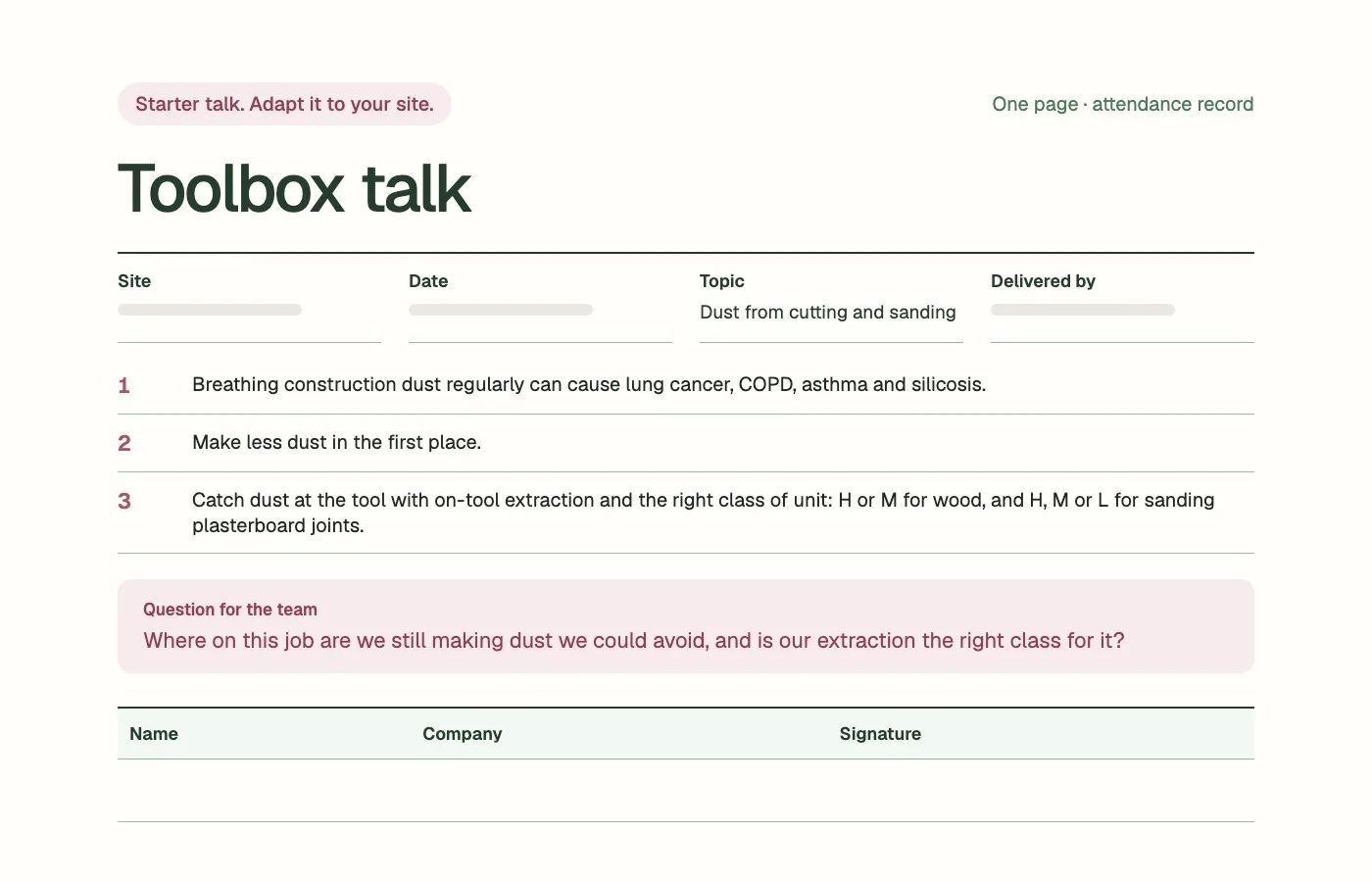 The toolbox talk template filled in for a starter talk on dust from cutting and sanding, with key points and a question for the team